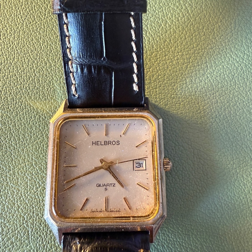 Helbros Square Quartz Watch with Black Leather Strap